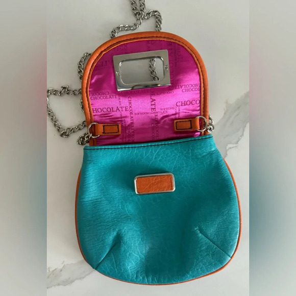 Chocolate New York Retro Chain Strap Bag purse turquoise orange Y2K like new - Picture 3 of 5